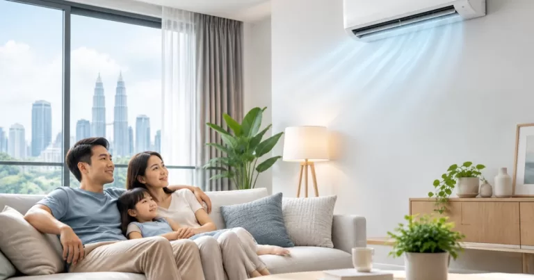 Malaysian family relaxing in a cool living room with a wall-mounted air conditioner as CUCKOO aircond features are discussed.