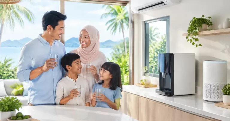Family in a modern Langkawi home considering renting home wellness appliances like a water purifier and air conditioning.