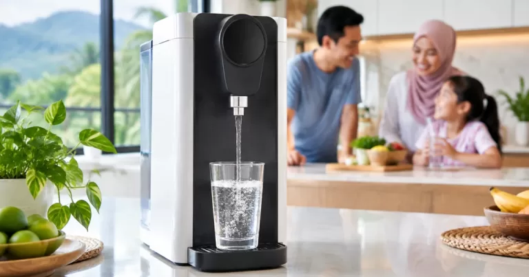 Water purifier dispensing drinking water in a Malaysian kitchen for a beginner guide to choosing CUCKOO in Pahang.