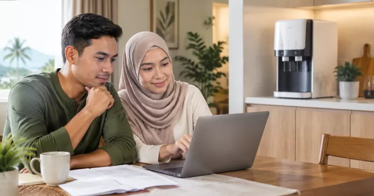 New homeowners in Terengganu comparing renting vs buying home appliances like a water purifier.